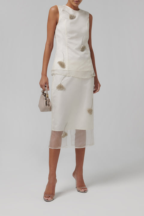 White Embellished Tulip Organza Skirt