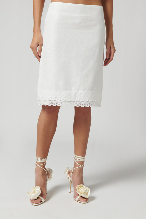 White Lace-Detail Knee-Length Skirt