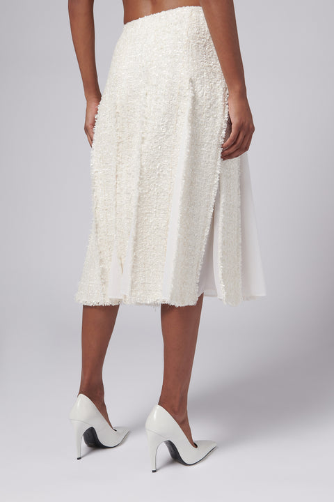 White Paneled Woven Tweed Skirt