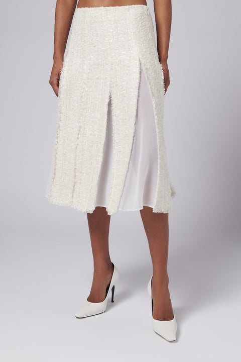 White Paneled Woven Tweed Skirt