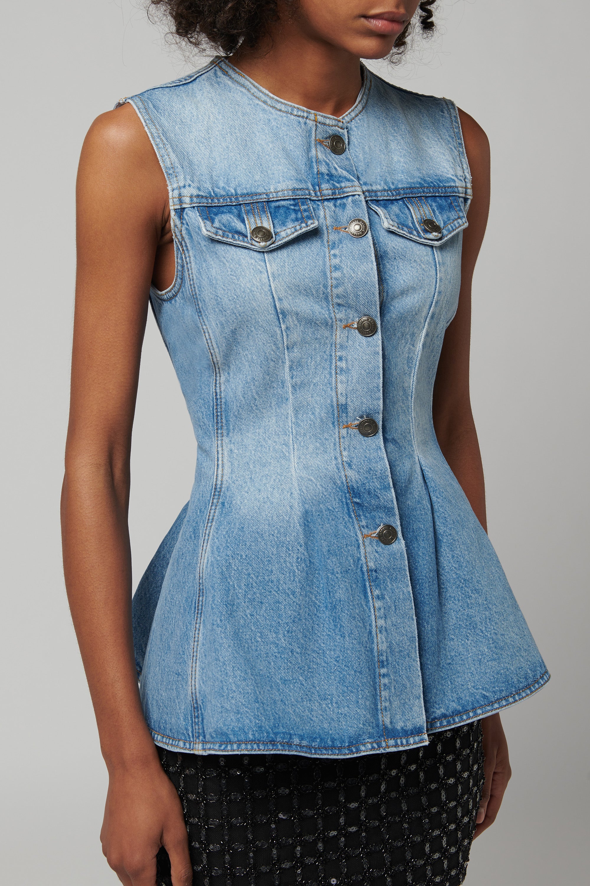 ROTATE Birger Christensen Blue Flared Denim Top