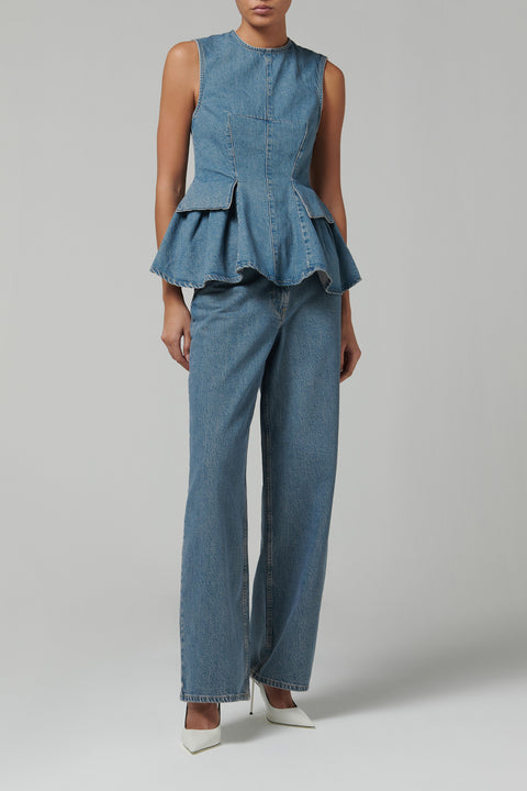 Blue Peplum Denim Top