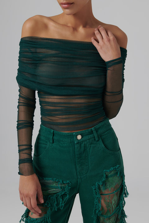 Green Veiled Mesh Top