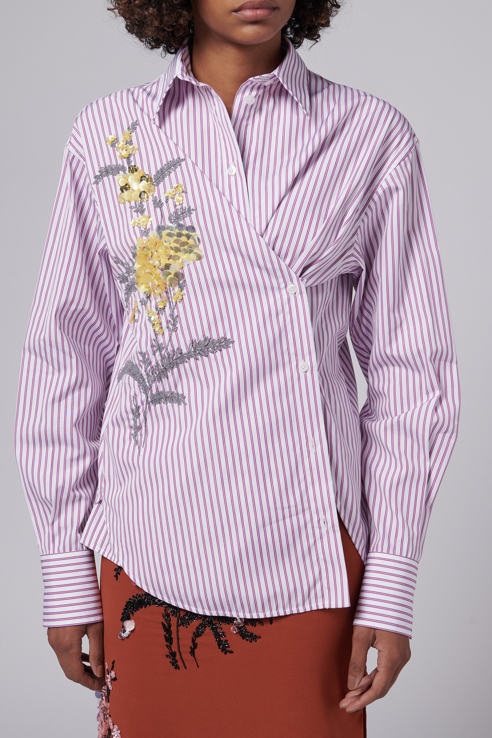 Des Phemmes Red Hand Embroidered Crooked Shirt