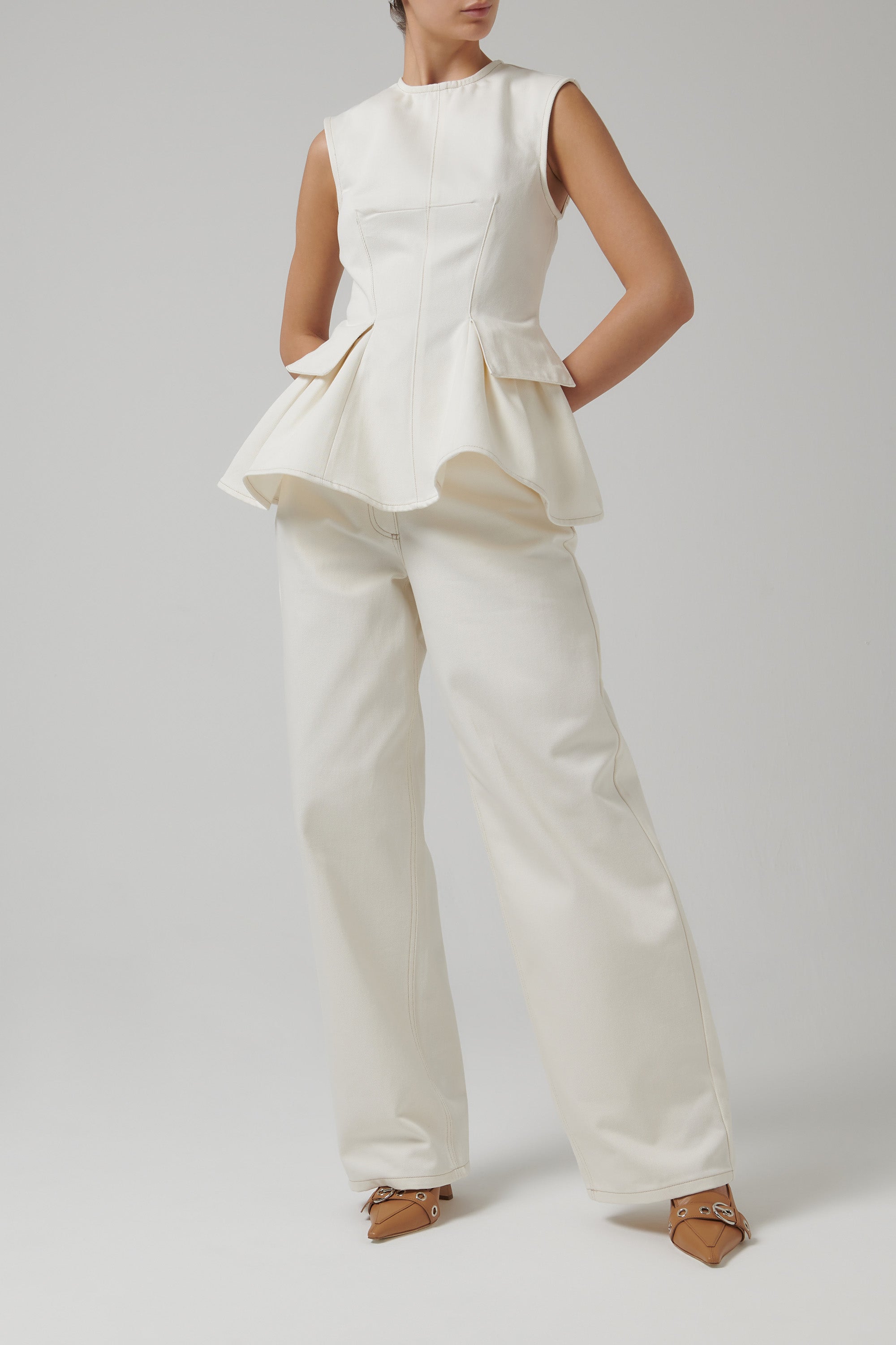 REMAIN Birger Christensen White Peplum Denim Top