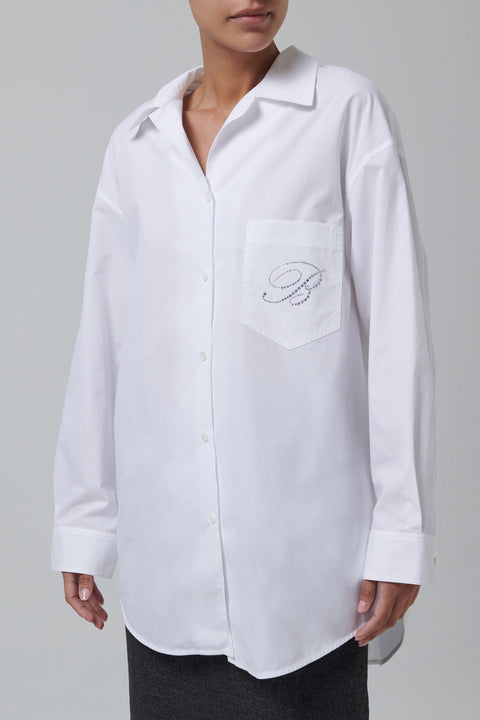 White Rhinestone Logo Cotton Shirt