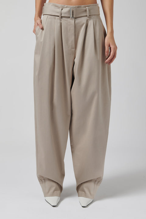 Beige Belted Pleated Pants