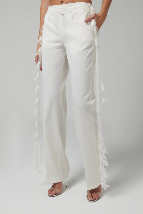 White Twill Pants With Lace