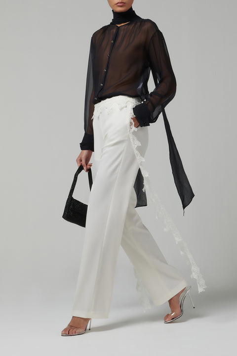White Twill Pants With Lace