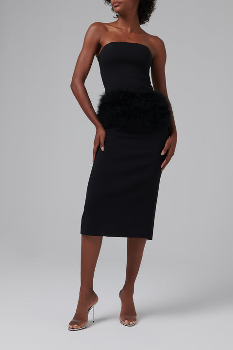 Black Feather-Trimmed Strapless Midi Dress