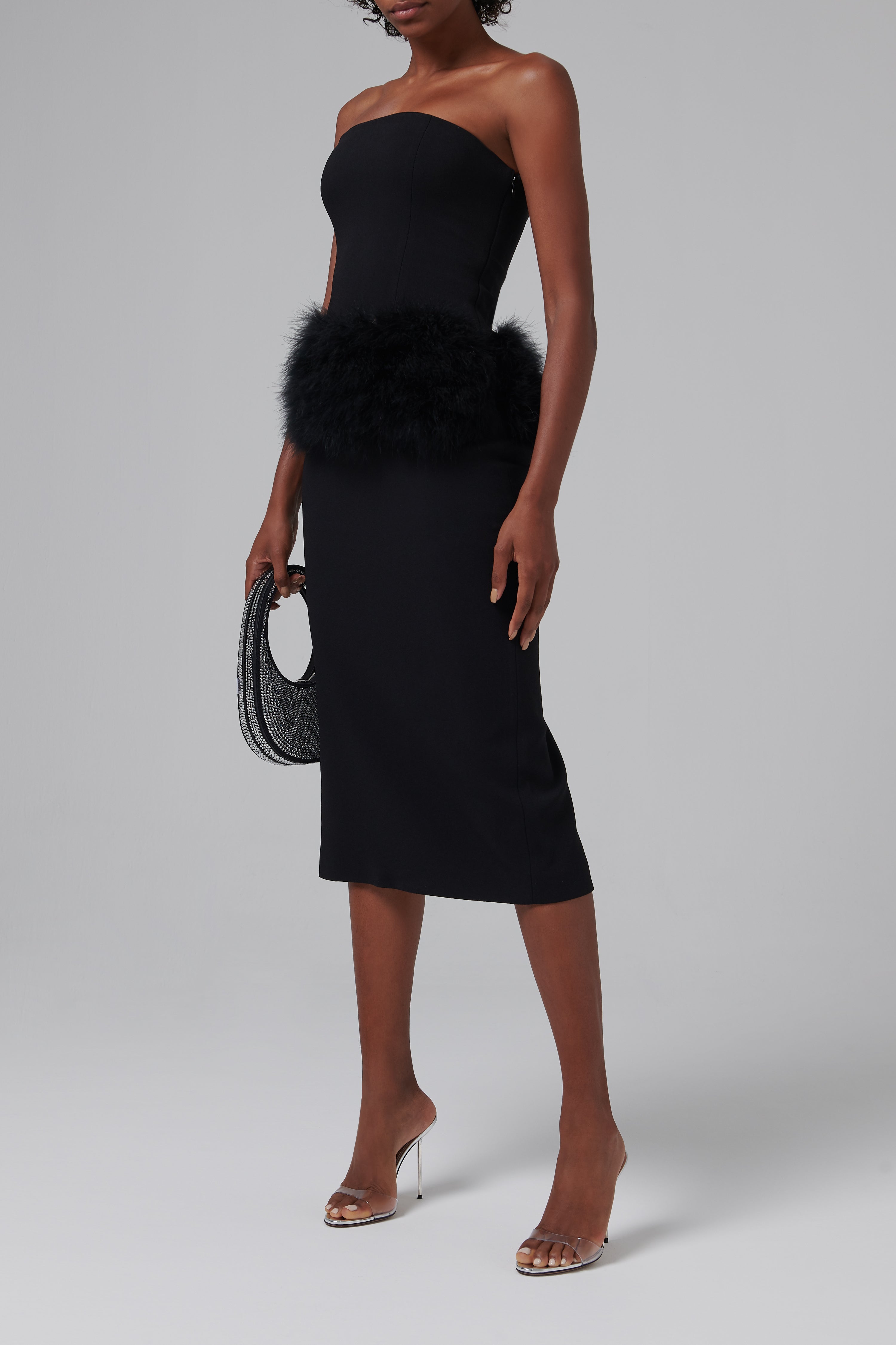 knee length dresses for ladies Bluemarine Black Feather-Trimmed Strapless Midi Dress