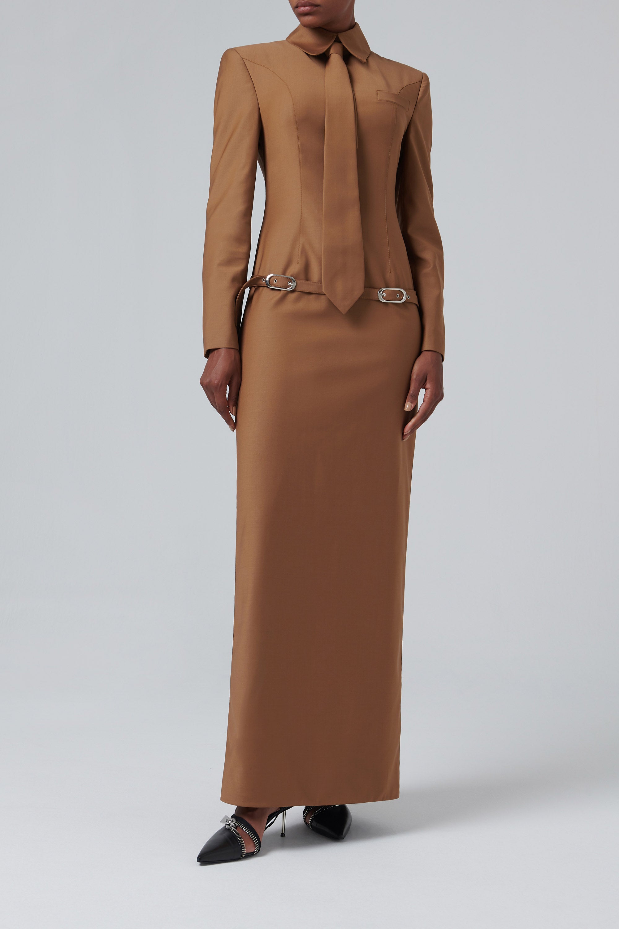 brown tie waist dress Graciela Brown Tie Neck Mesh Maxi Dress - US 12