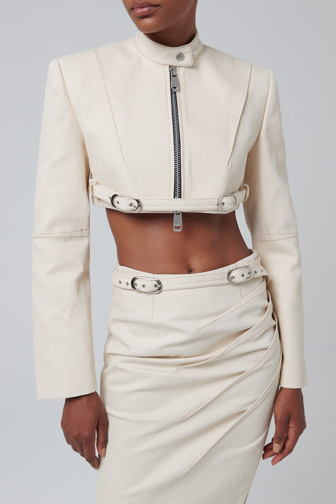 Beige Buckle Denim Jacket