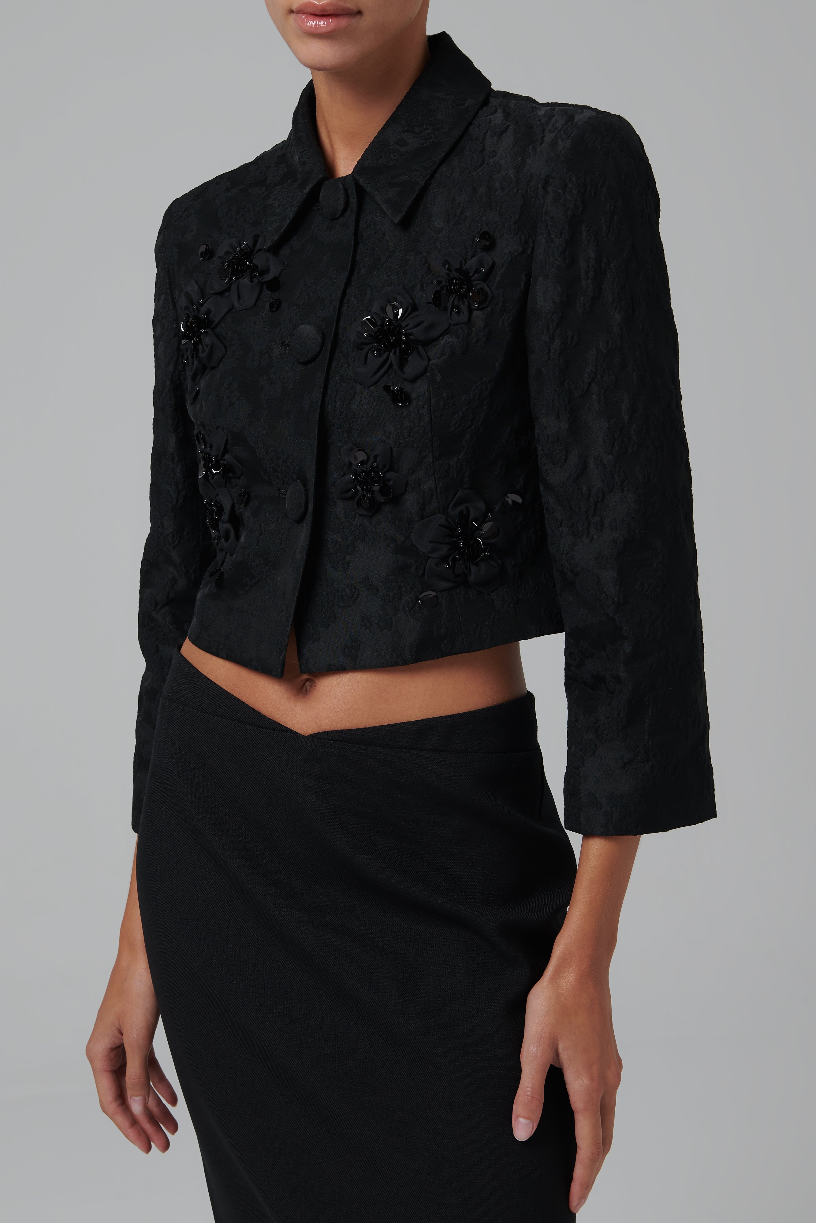 Shushu/Tong Black Pointed Collar Short Jacket - Fabric of
