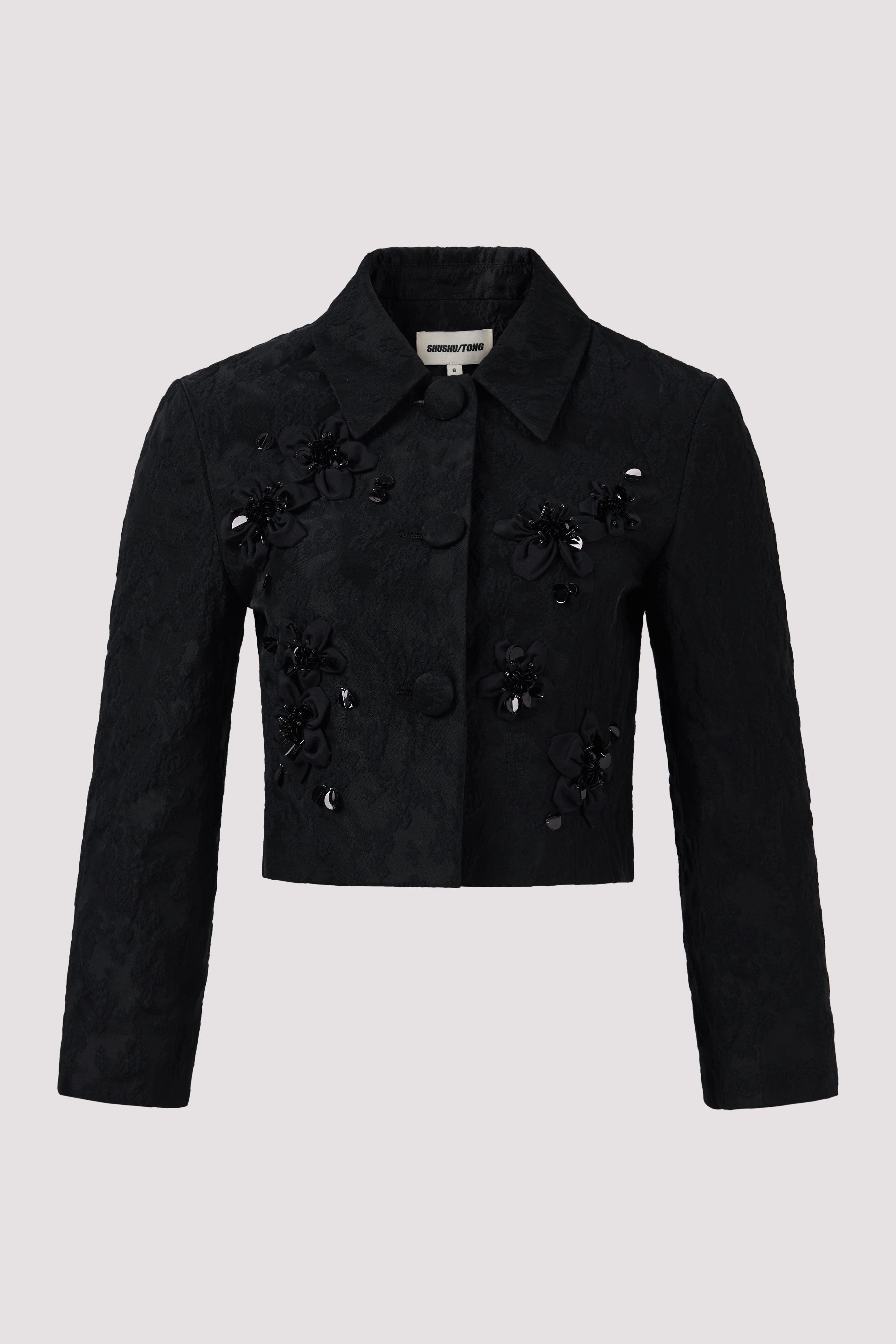 Shushu/Tong Black Pointed Collar Short Jacket - Fabric of