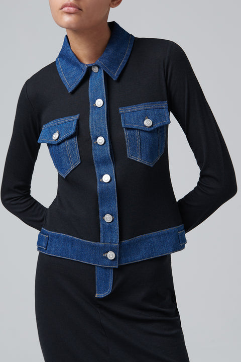 Black Second Skin Rib Denim Top