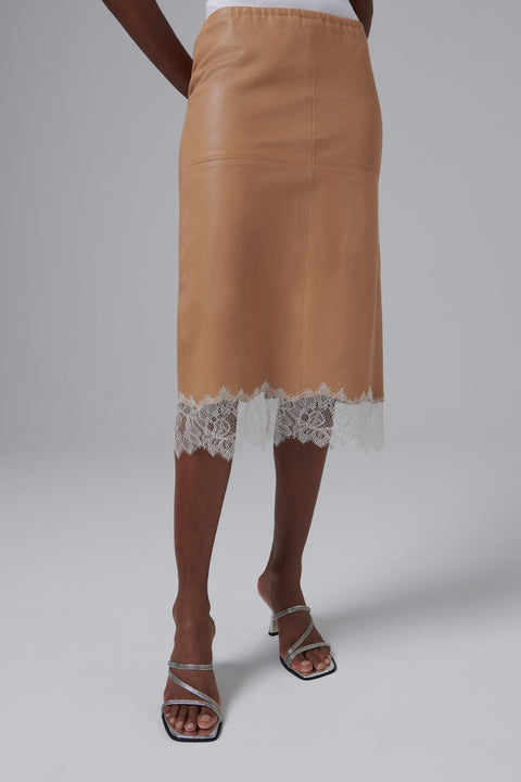 Beige Lace Hemline Leather Midi Skirt