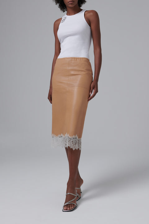 Beige Lace Hemline Leather Midi Skirt