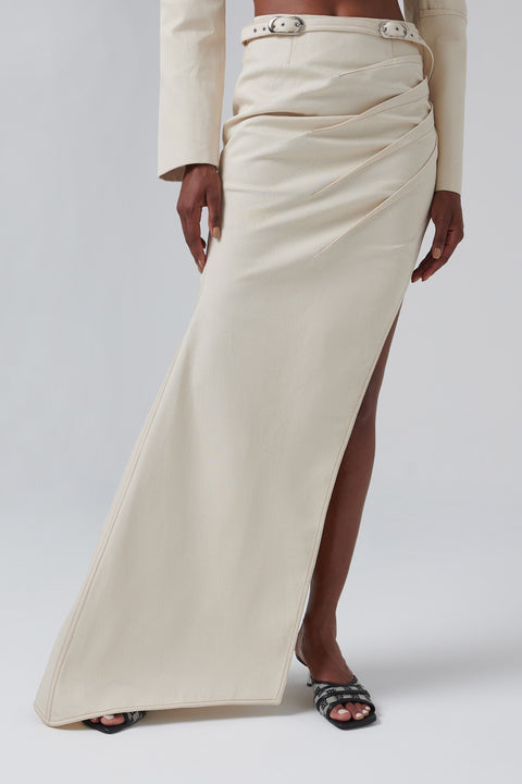 Beige Buckle Denim Skirt