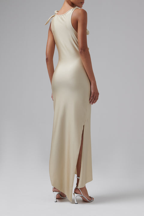 Beige Asymmetric Flower Gown