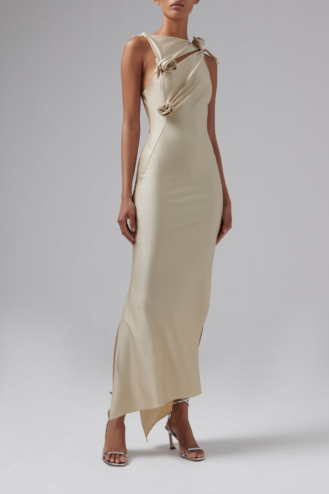 Beige Asymmetric Flower Gown