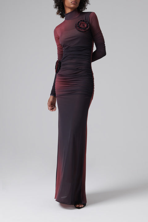 Highneck Ruched Long-Sleeve Gown