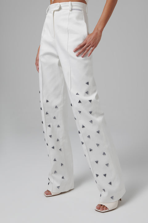 White Embellished High-Waisted Pants