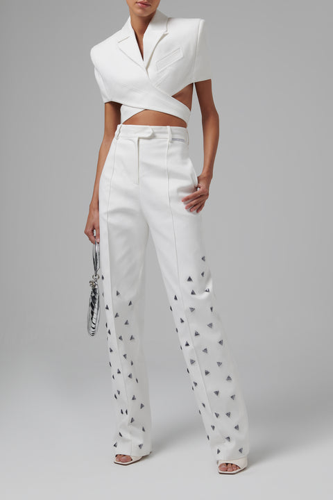 White Embellished High-Waisted Pants