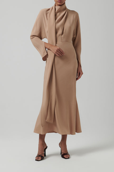 Beige Scarf Midi Dress