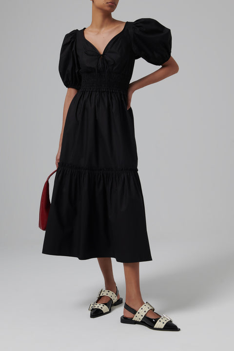 Ganni Black Cotton Poplin Long Smock Dress