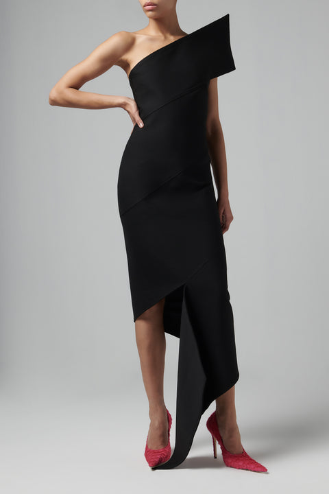 Black Asymmetric Wrap Midi Dress