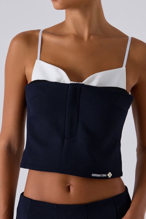 Navy Double Bow Corset Straps Top