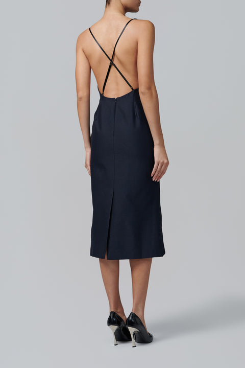 Navy Ruffled Trim Long Gown