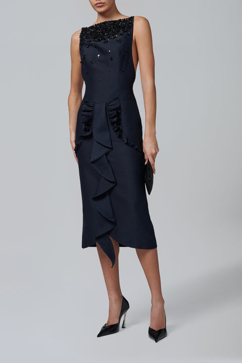 Navy Ruffled Trim Long Gown
