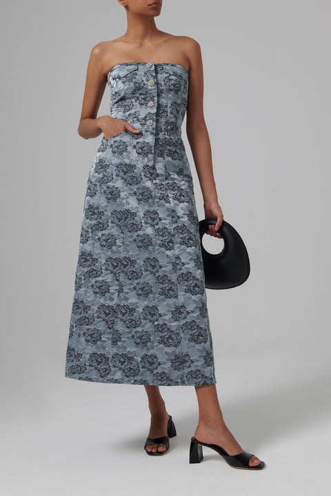 Ganni Blue Jacquard Long Corsage Dress