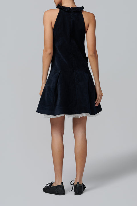 Navy Crisscross Ruffled Puff Dress