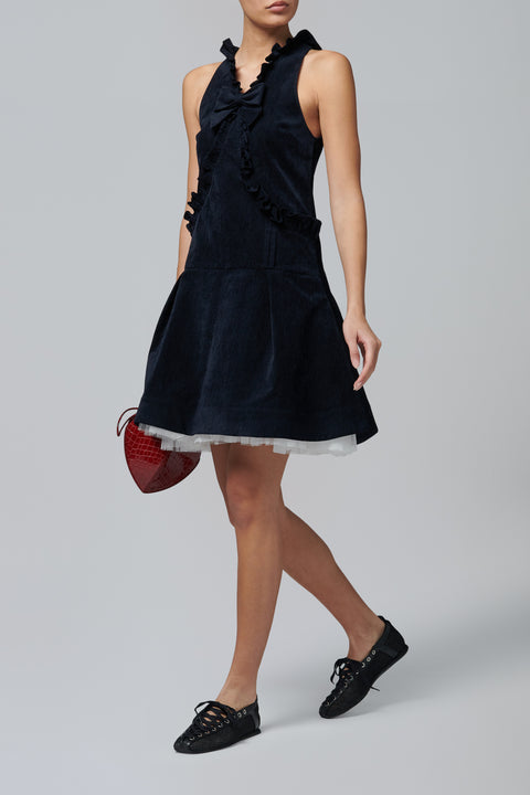 Navy Crisscross Ruffled Puff Dress