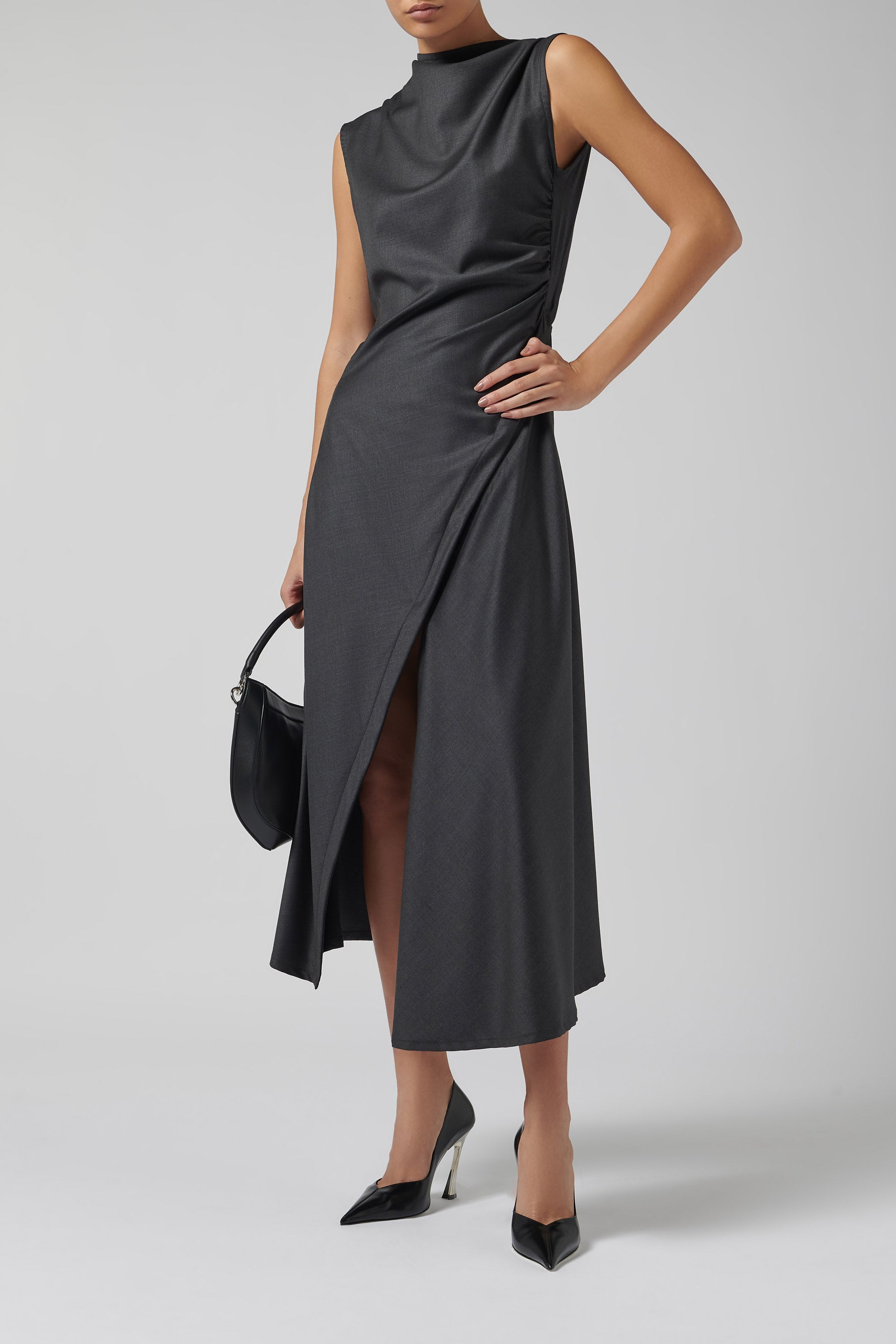 slim fit dress slacks Jade Cropper Grey Asymmetric Suit Midi Dress