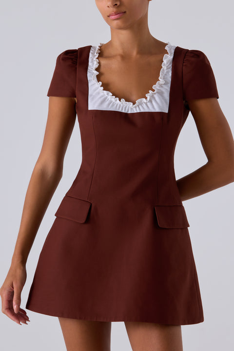 Brown Scalloped Short Sleeve Dress