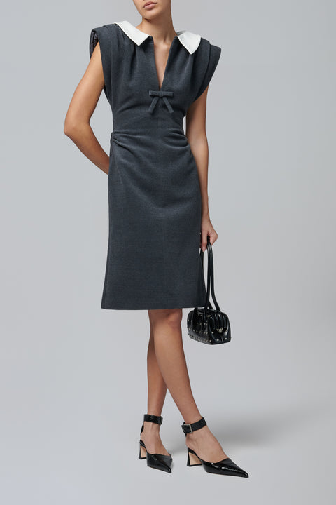 Grey Pucker Deep V-Neck Dress