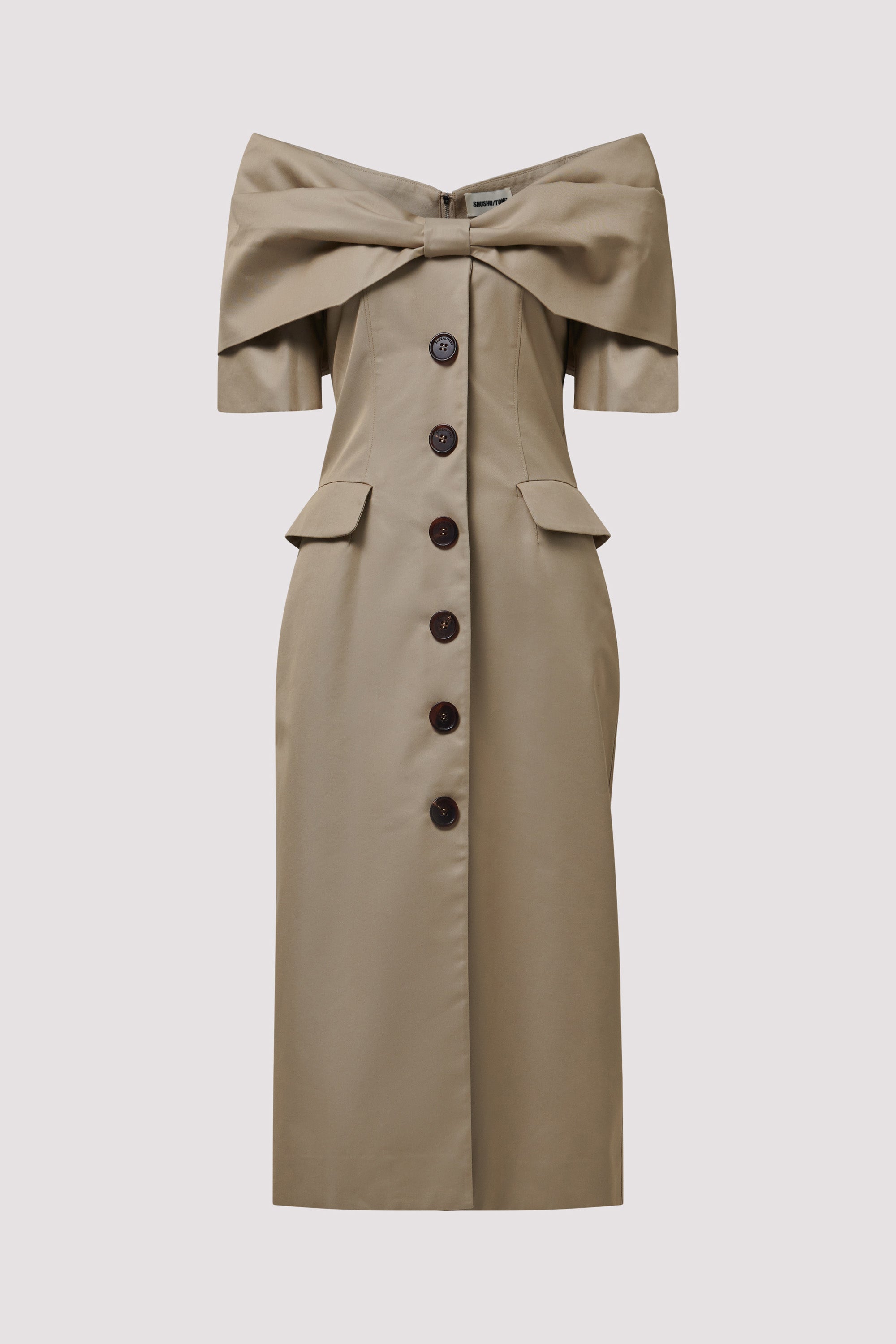 off shoulder trench dress Shushu/Tong Khaki Bow Off-Shoulder Midi Dress Khaki / UK6