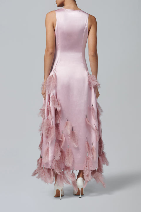 Pink Satin V-Neck Feather Pendant Dress