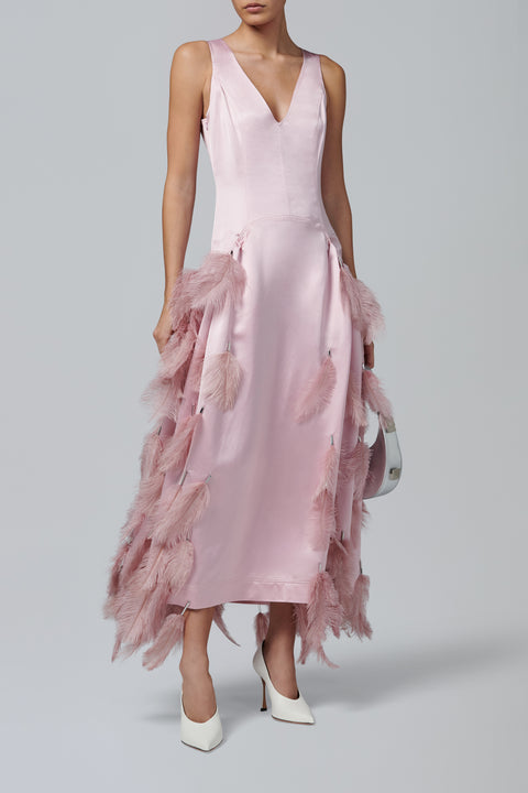 Pink Satin V-Neck Feather Pendant Dress