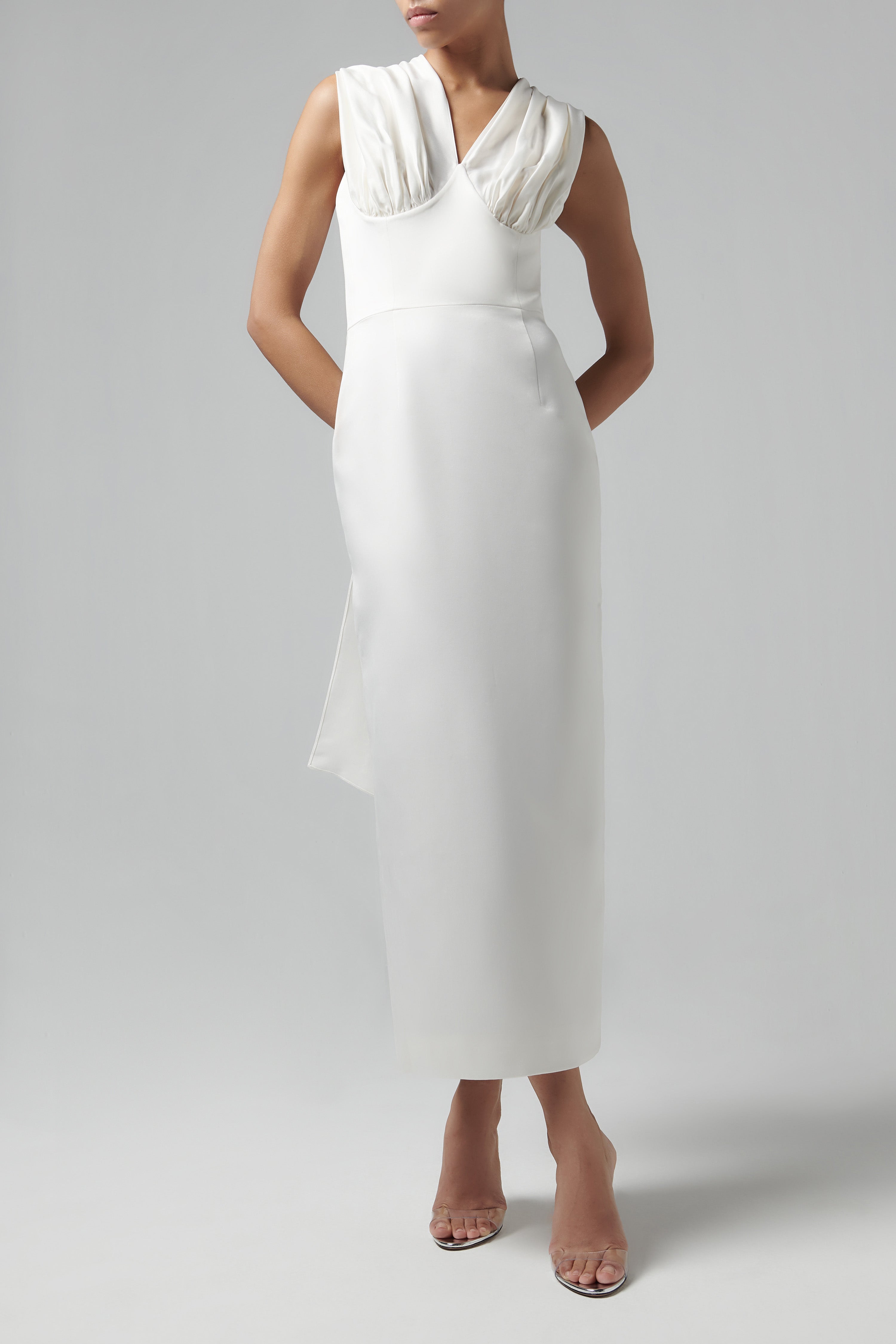 white midi dress with scarf White Dress with Scarf around Neck