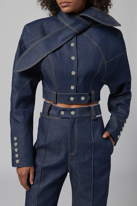 Blue Tie Neck Denim Jacket