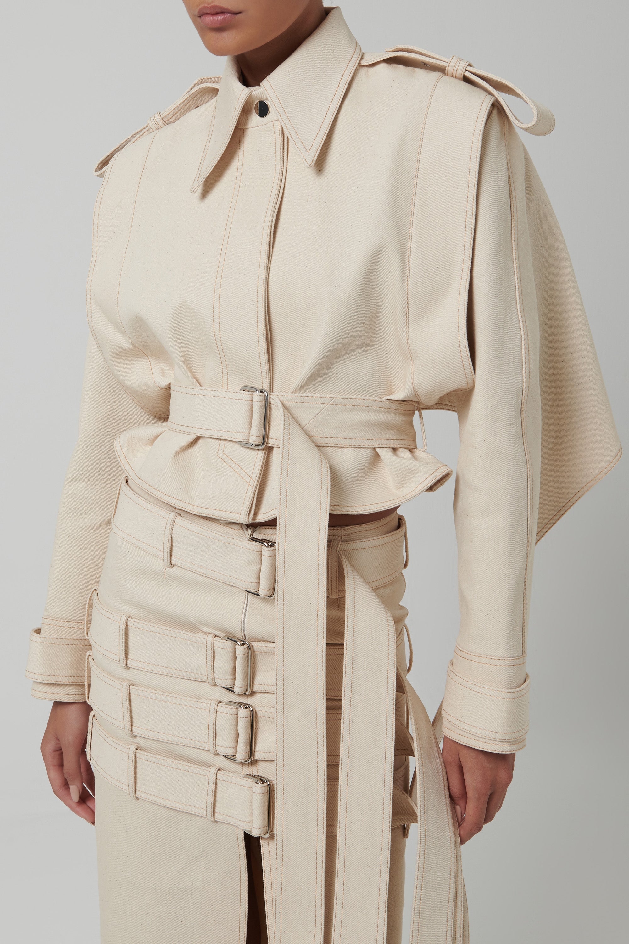 Aleksandre Akhalkatsishvili White Belted Cropped Jacket