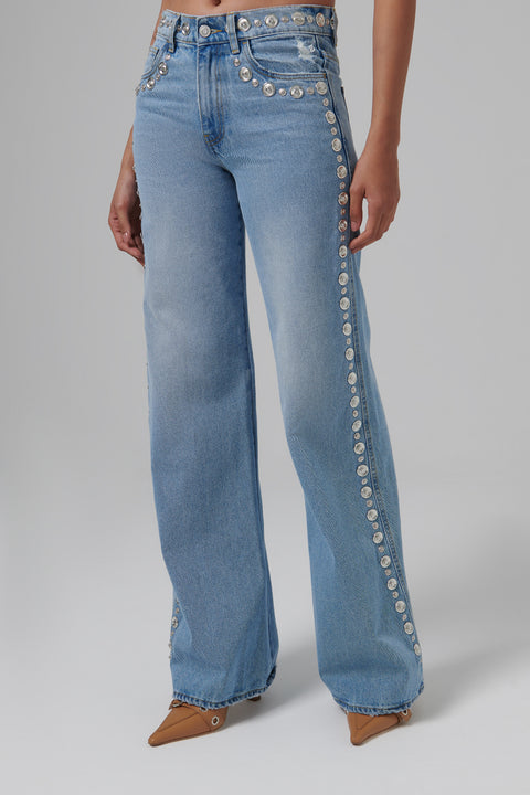 Blue Studded Wide-Leg Jeans