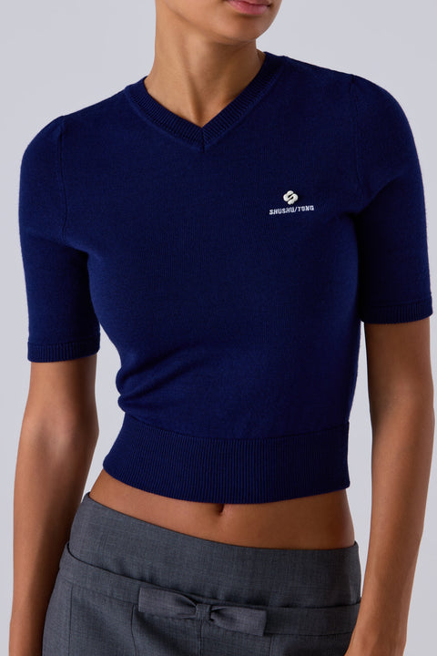 Blue V-Neck Short Sleeve Knit Top