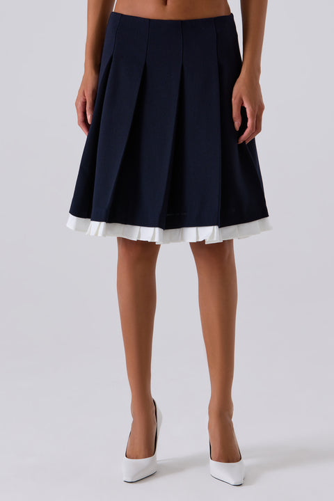 Navy Patchwork Lace Wide Pleat Skirt