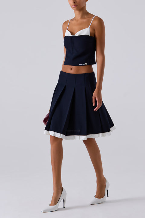 Navy Patchwork Lace Wide Pleat Skirt